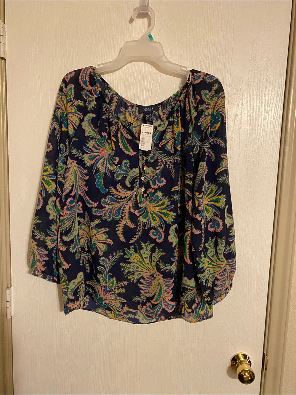 Chaps Navy Paisley Peasant Top with Pink and Green Accents